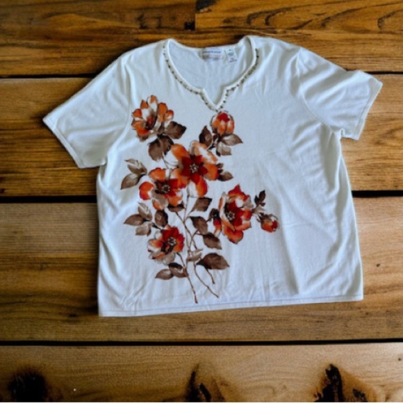 Alfred Dunner Plus size 2X Womens Cream Pullover Sweater Short Sleeve Floral - Picture 2 of 16